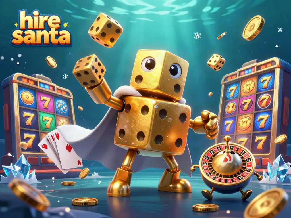 Engaging scene of hire santa with a golden dice golem and slot reels, showcasing festive casino vibes.