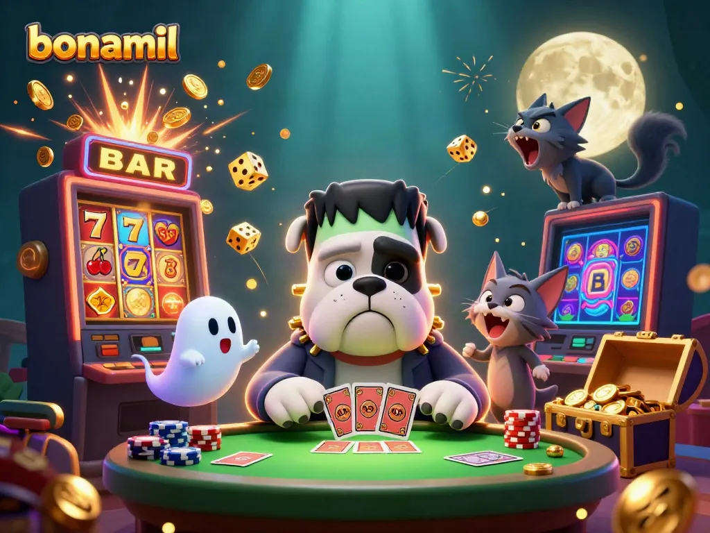 Gambling seru dengan bonamil, anjing Frankenstein dan kucing serigala di meja kartu dengan suasana misterius.