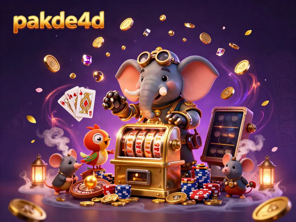 Experience the thrill of pakde4d with a vibrant 3D steampunk elephant spinning a golden slot machine amid a cascade of coins.
