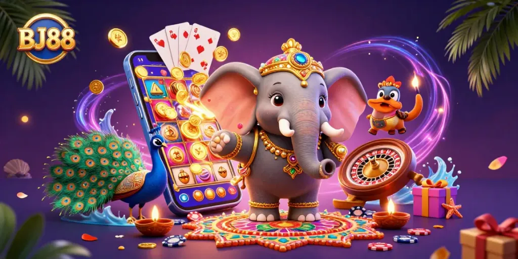 Experience BJ88's vibrant casino scene with floating gaming elements and colorful characters.