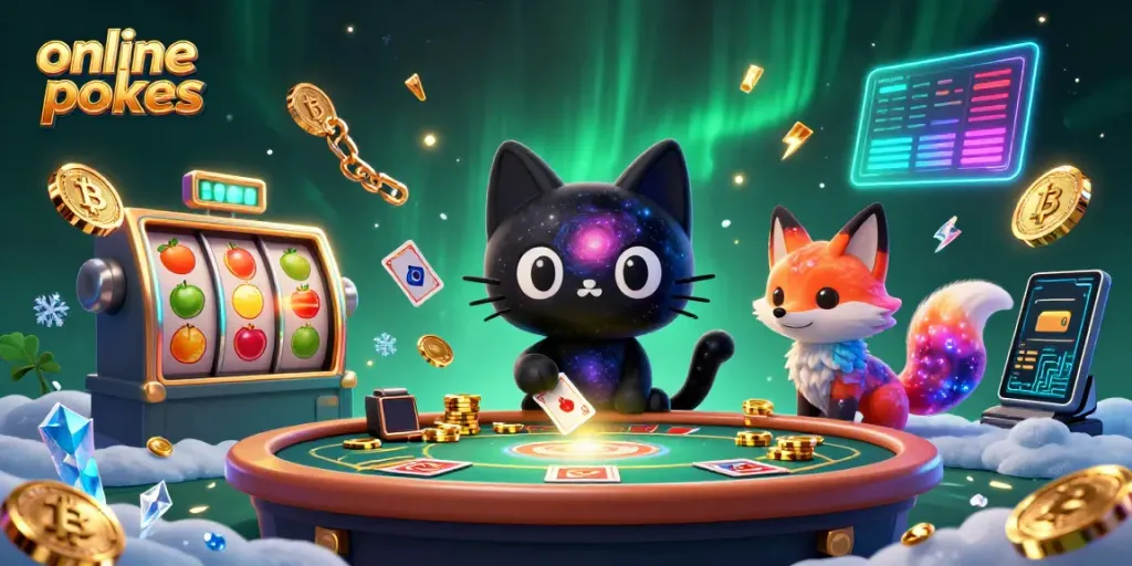 Engaging online pokies scene with a cosmic cat and nebula fox amidst vibrant gaming elements.