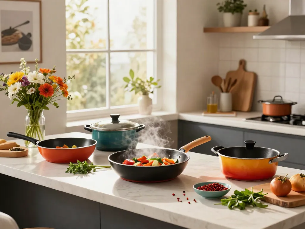 Bright kitchen showcasing diverse Non-Stick Cookware price in bangladesh with fresh vegetables cooking in a stylish frying pan.