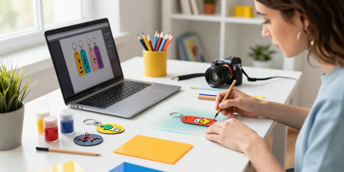 Creative artist designing custom keychains in a vibrant workspace.