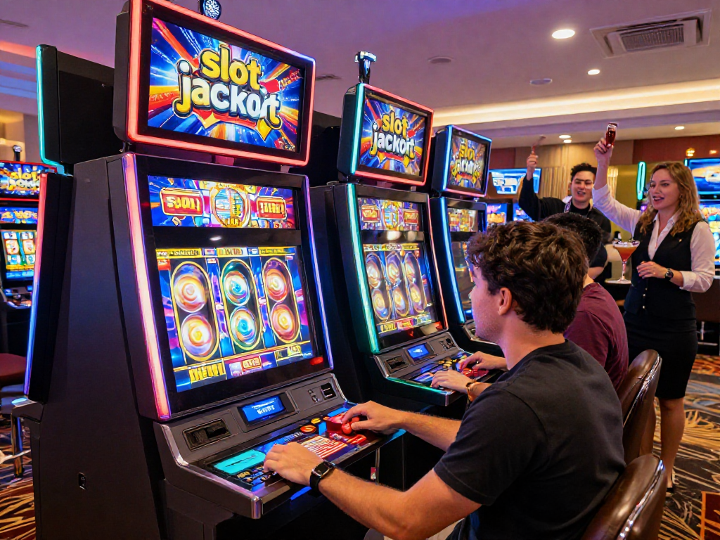 Excited player winning a slot jackpot in a vibrant casino atmosphere