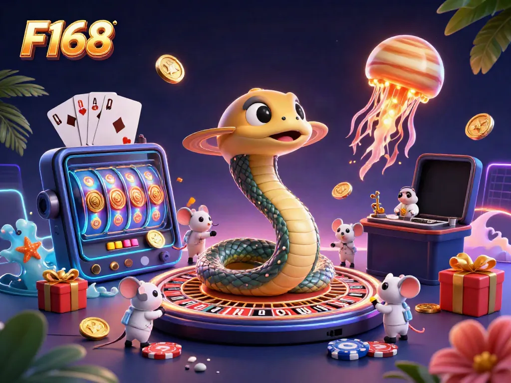 Engaging gameplay at F168 with astronaut mice betting around a roulette wheel and a cosmic jellyfish dealer.