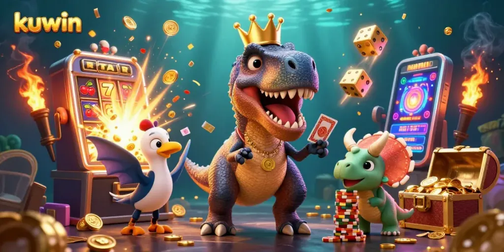 Kuwin presents an engaging casino scene with a T-Rex playing cards and interactive gaming elements.