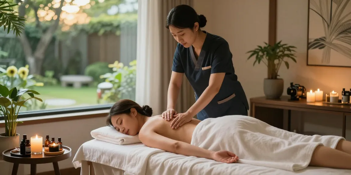 강남출장안마를 받으며 편안한 환경에서 치료를 받는 모습, 아로마 향과 조명이 가득한 공간