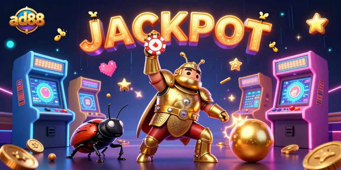 ad88 celebrates wins with a detailed illustration of a victorious beetle in a thrilling casino setting.