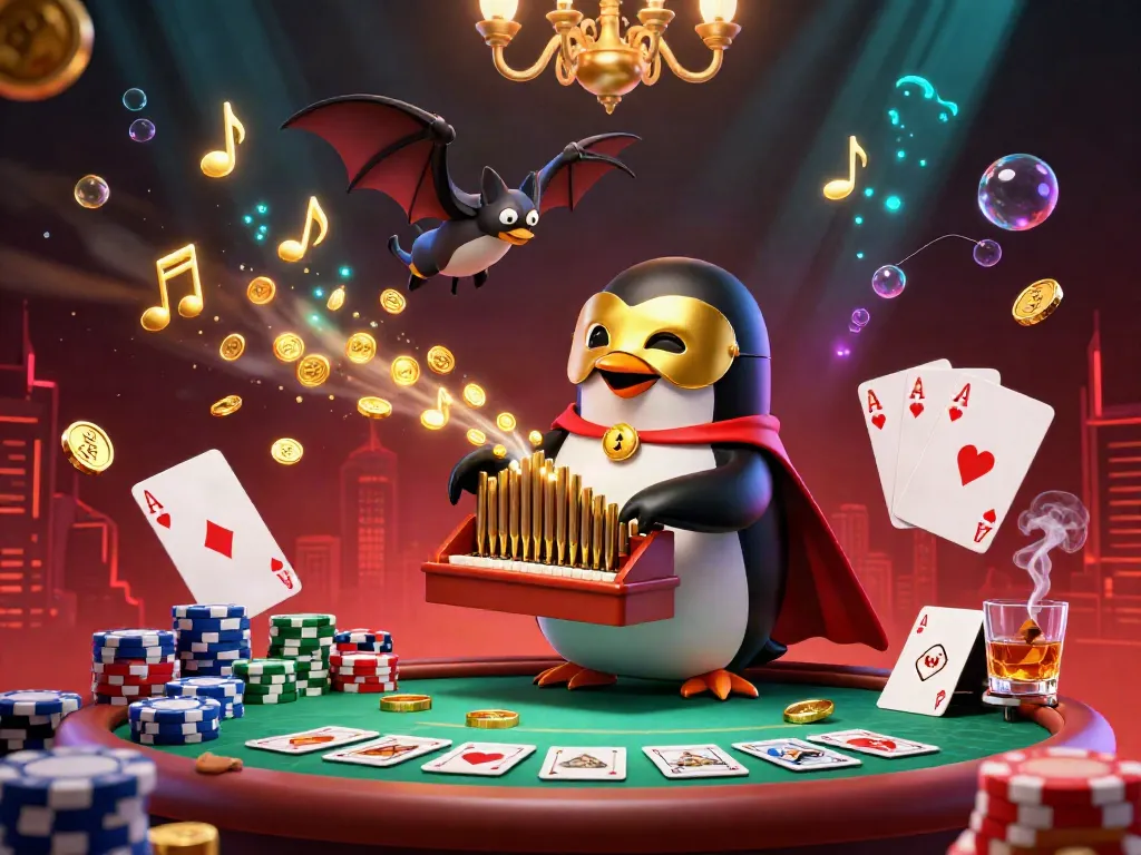 Experience the excitement of gavangtv with a dynamic 3D penguin playing an organ amidst dazzling poker elements.