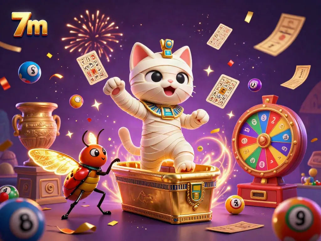 Engage with 7m and experience an exciting Egyptian-themed casino scene with vibrant characters and elements.