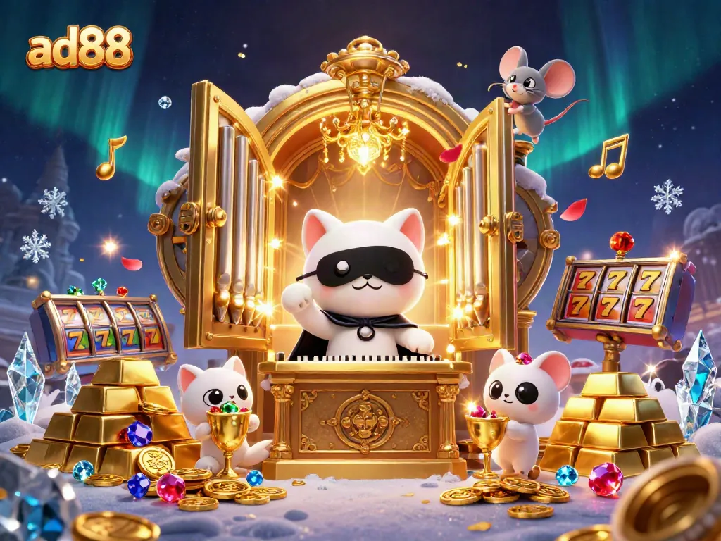 Experience ad88’s vibrant casino environment with treasure vaults and slot machines in a magical atmosphere.
