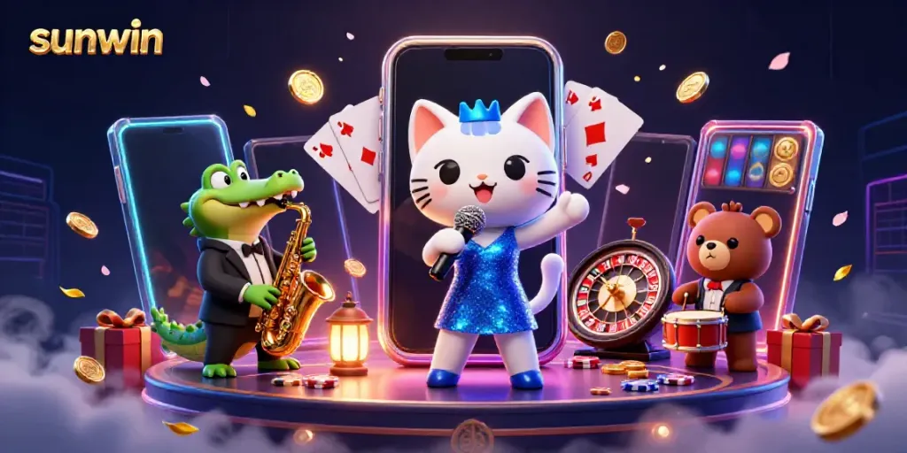 Experience fun with sunwin casino games as a jazz-singer cat, crocodile, and bear enhance the scene.