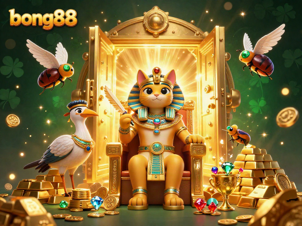 Bong88 pharaoh cat illustration with golden treasures, gems, and casino elements in a vibrant setting.
