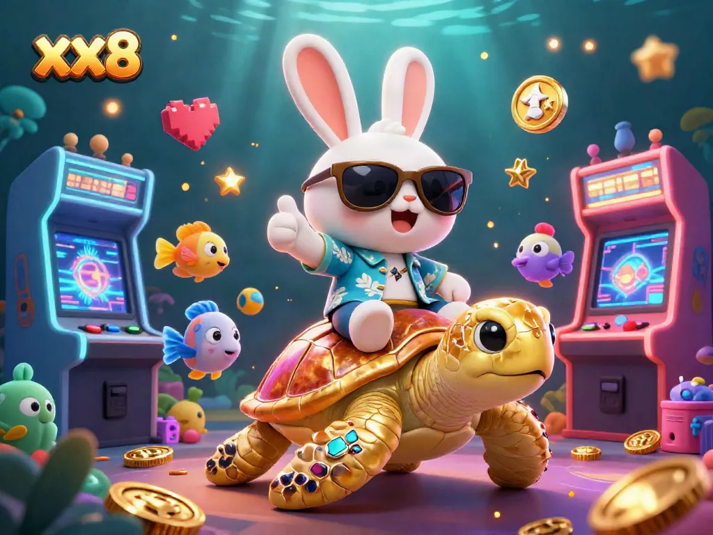 Spin the reels with the xx8 lucky rabbit on a golden turtle amid vibrant gambling elements!