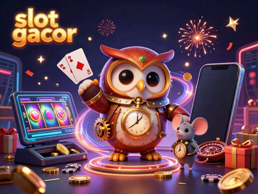 Experience the thrill of slot gacor with a steampunk owl and colorful slot game elements in a dynamic casino scene.