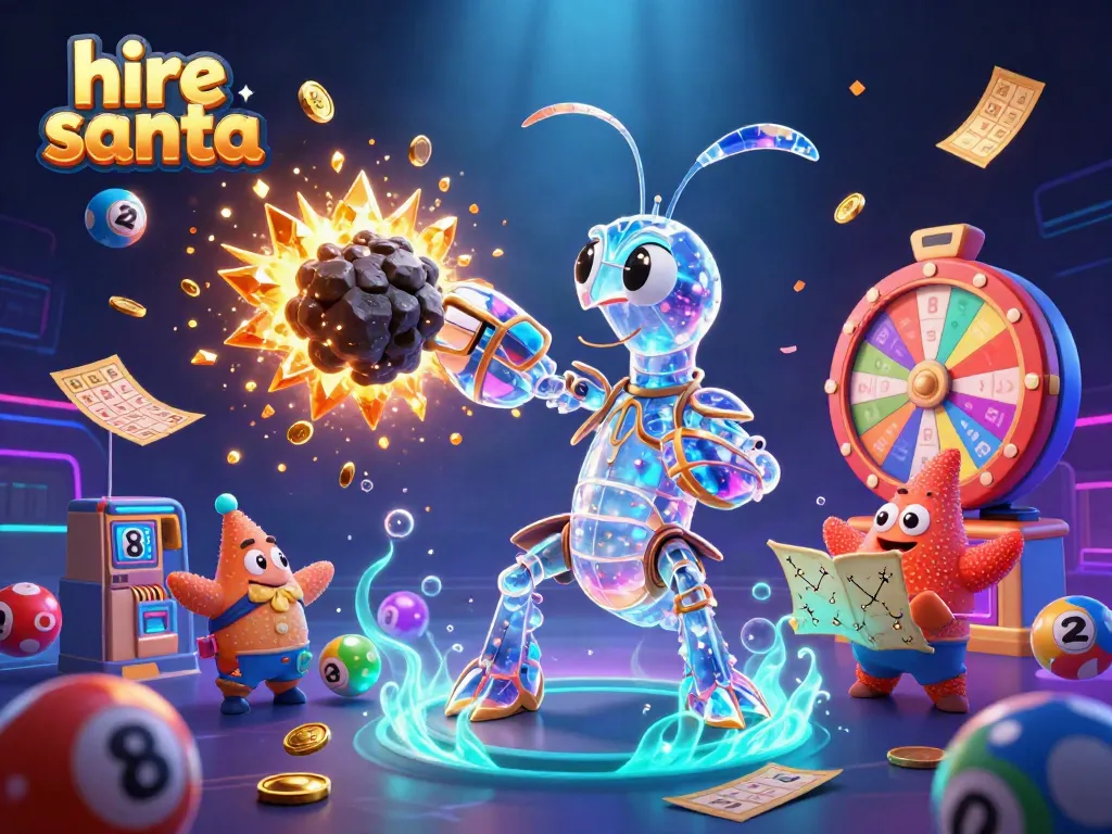Engaging scene depicting the concept to hire Santa through vibrant lottery elements and characters in festive action.