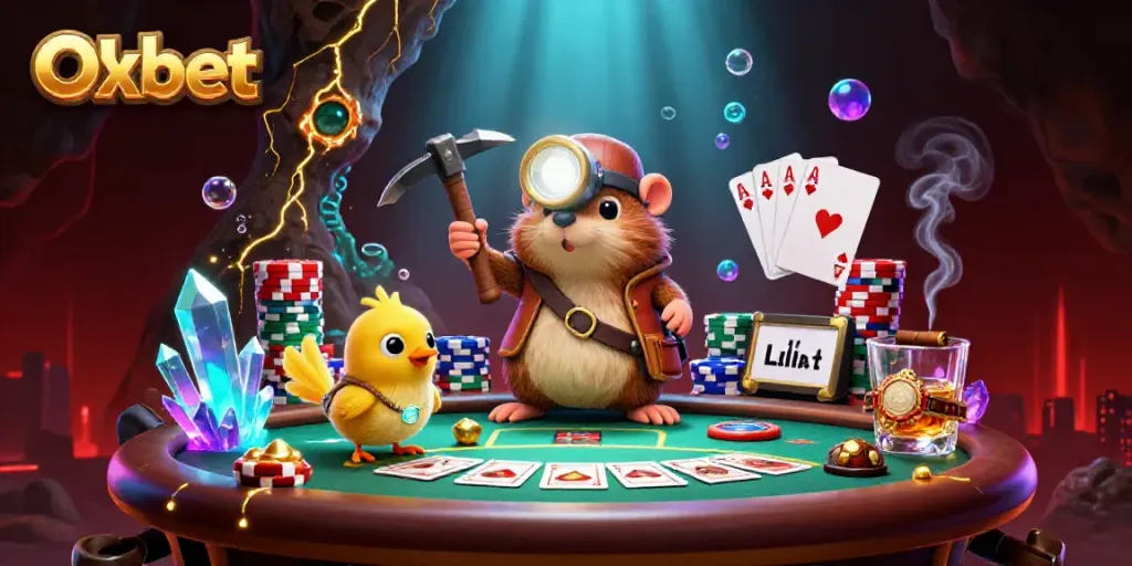 Engage with Oxbet's vibrant 3D adventure featuring a treasure hunter mole and poker excitement.