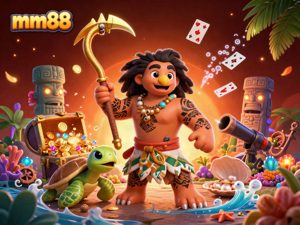 Engage in the exciting world of mm88 with a vibrant 3D casino illustration featuring unique characters.