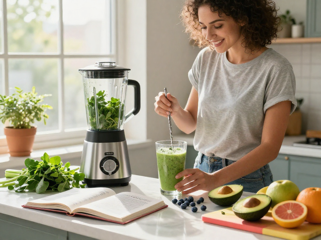 A vibrant kitchen scene showcasing a smoothie preparation highlighting NAD+ benefits for health.