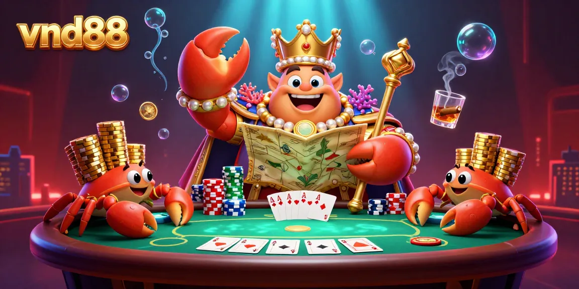 Experience the excitement of vnd88 as a golden crab emperor leads a vibrant poker scene filled with treasures.