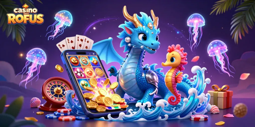 Experience the excitement at casino uden ROFUS with a dazzling underwater scene featuring a vibrant dragon, knight, and jellyfish.