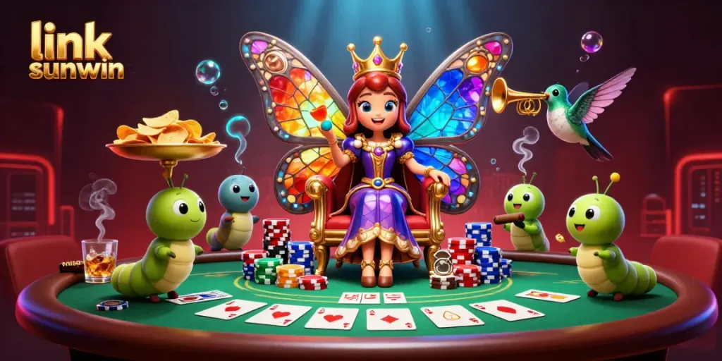 Experience immersive gameplay with link sunwin in this vibrant 3D casino illustration showcasing poker and unique characters.