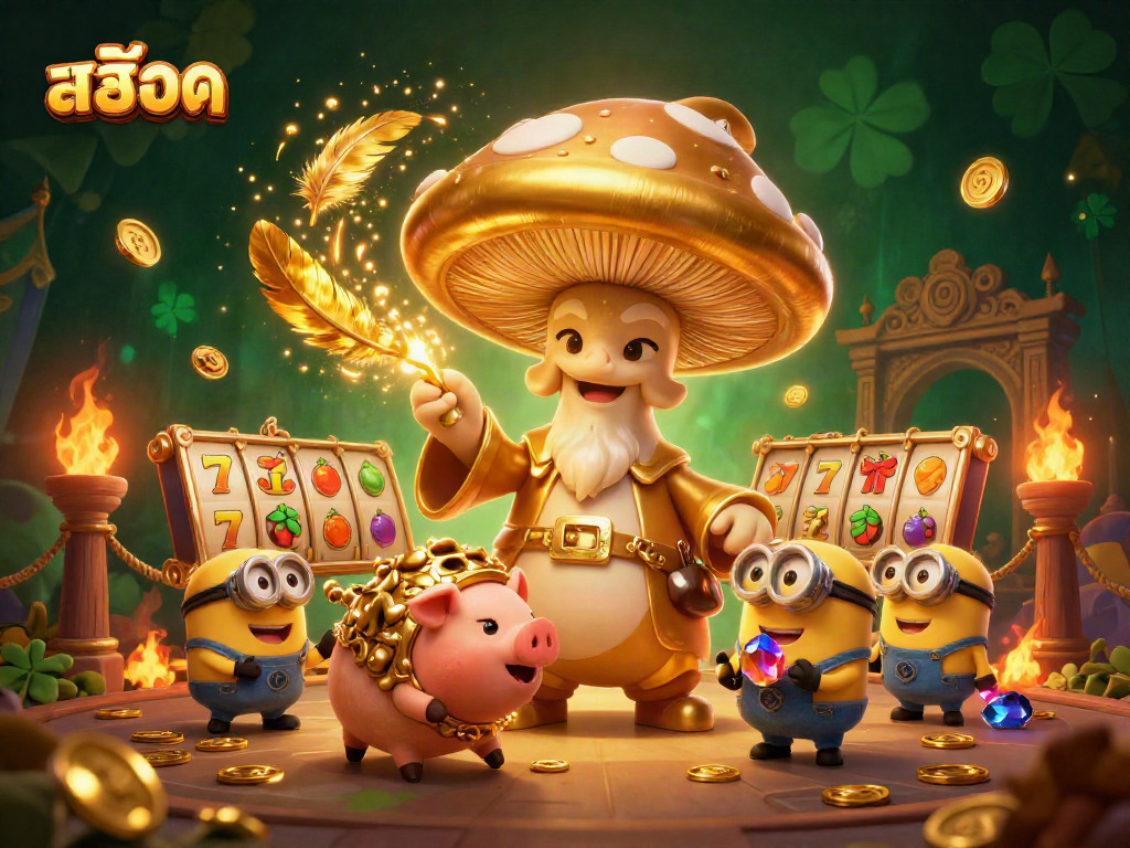 Spin the สล็อต reels in a magical casino scene with golden mushroom wizard and treasures.
