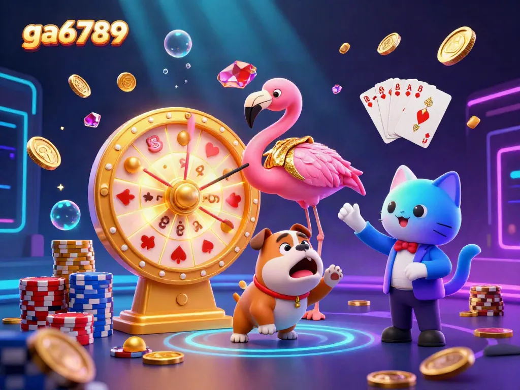 Experience the excitement of ga6789 with a vibrant 3D scene featuring gambling elements like colorful poker chips and golden coins.