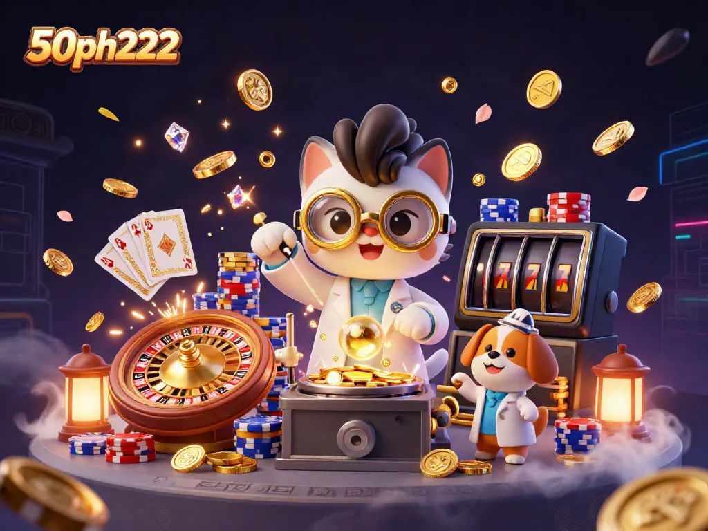50ph222 showcases a lively scene with a mad scientist cat and dog creating a gold-coin machine amidst casino elements.