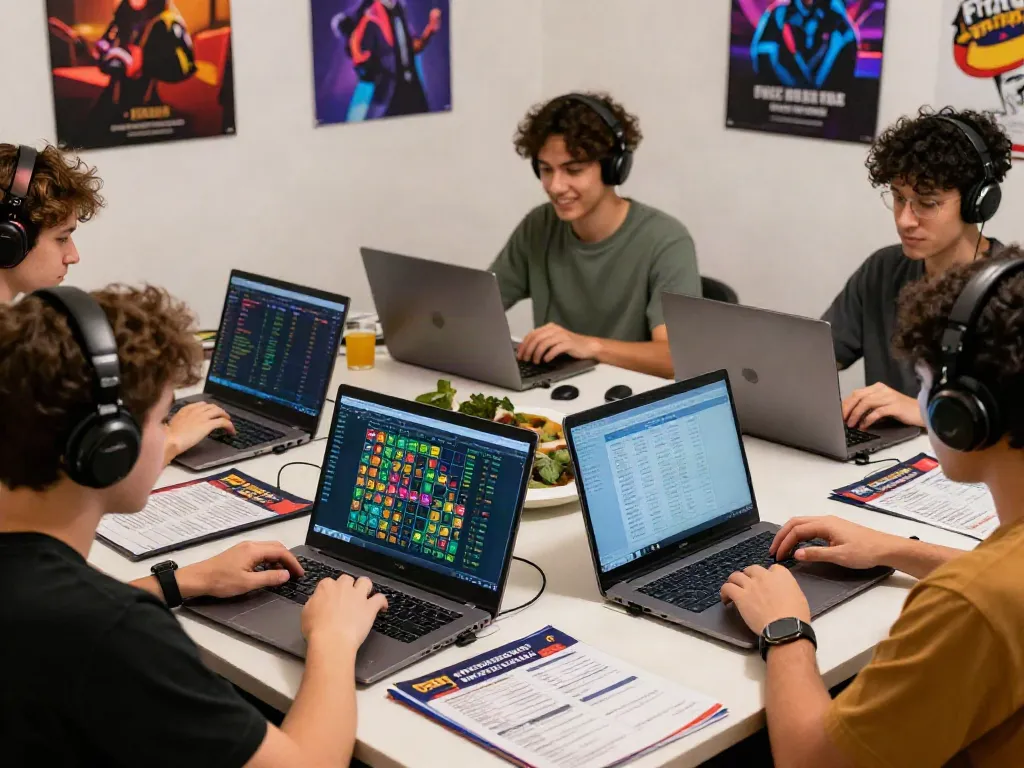 Engaging scene of players analyzing amanahtoto lottery data in an online gaming environment.