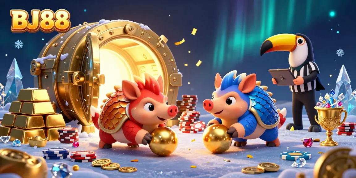 Compete with BJ88 in this vibrant 3D scene featuring animated pangolins bowling through poker chips.