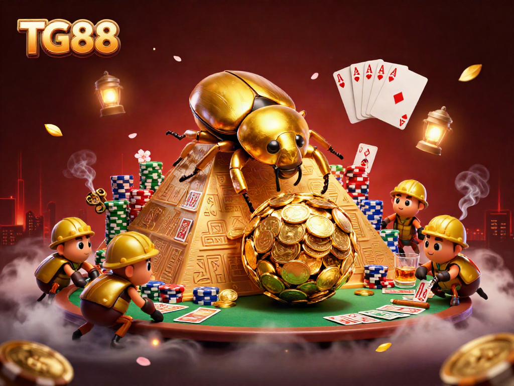 Engage with TG88's dynamic casino scene, featuring golden beetles and poker elements.