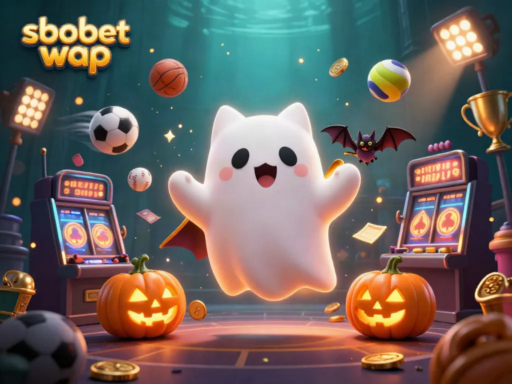 Bet on sbobet wap with a 3D ghost cat in haunted casino imagery filled with sports elements.