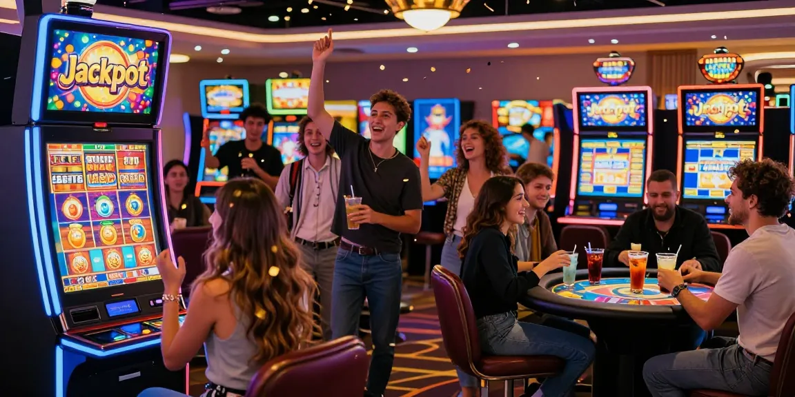 Celebration near a vibrant slot jackpot machine amidst a lively casino atmosphere.