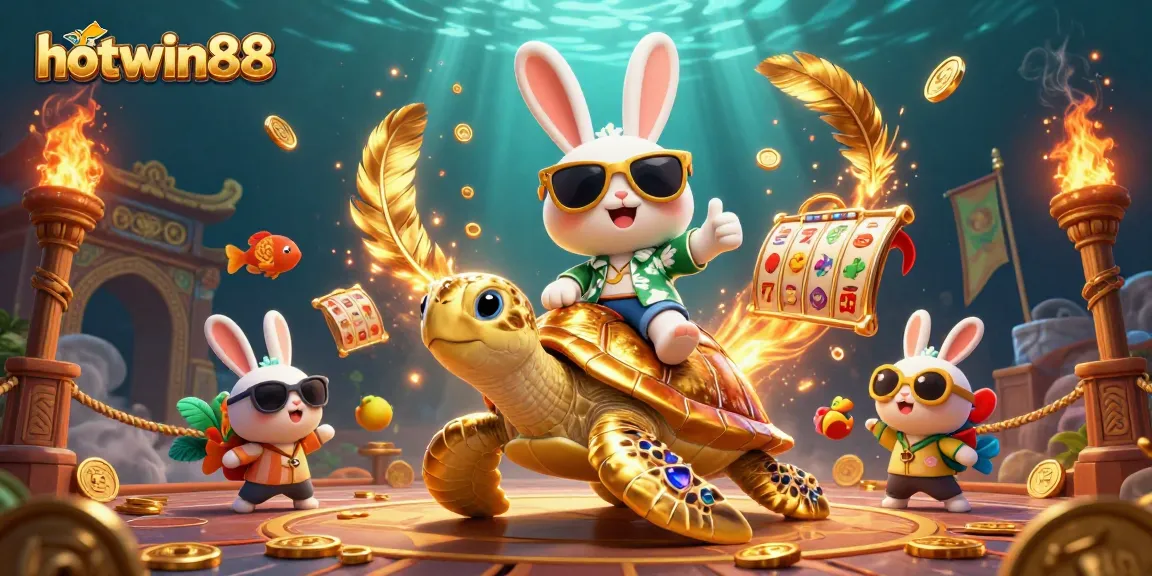 Experience the thrill at hotwin88 with a lucky rabbit and a golden turtle among slot elements!