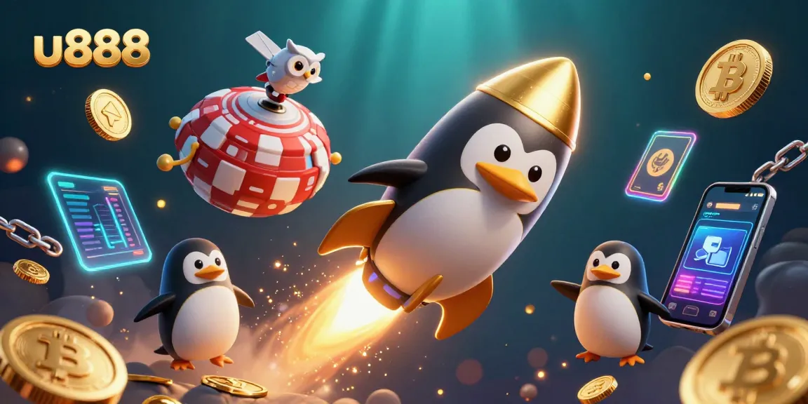 Play exciting games at u888 with our colorful casino-themed illustration featuring a penguin and casino elements.