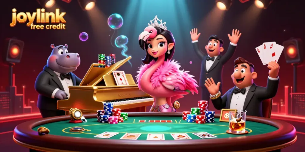 Experience joylink free credit with vibrant casino scene featuring a singing flamingo and hippo bassist.