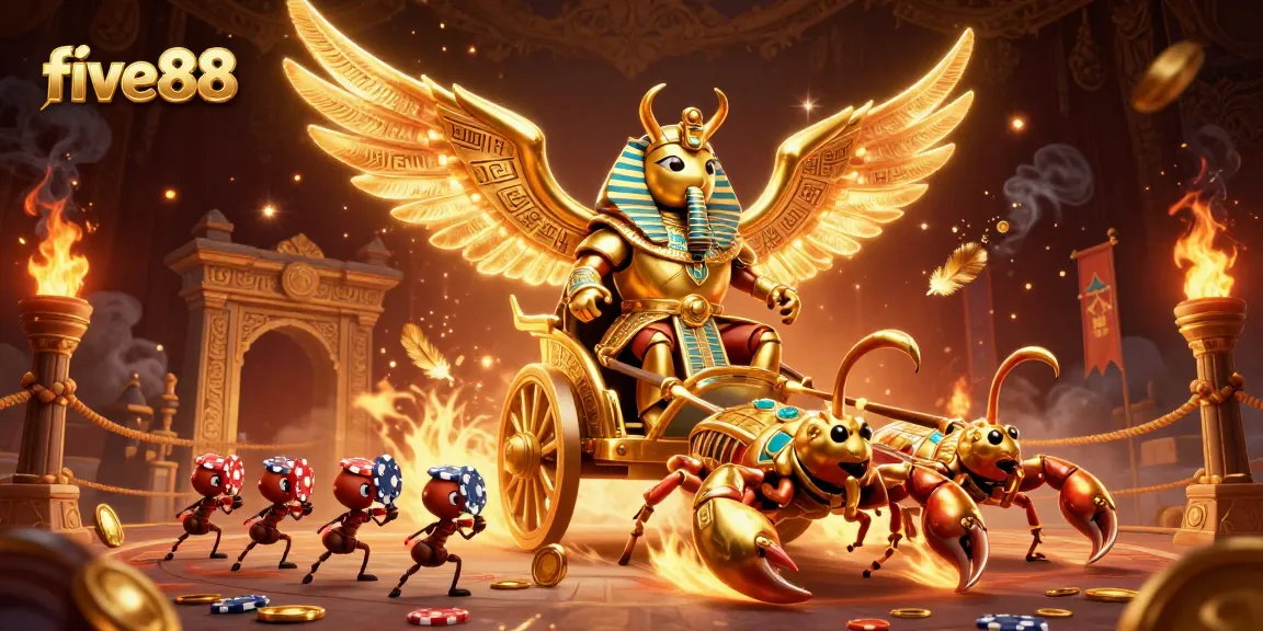 Experience the excitement of FIVE88 with a colorful casino-themed illustration featuring a golden scarab beetle and poker chip soldiers.