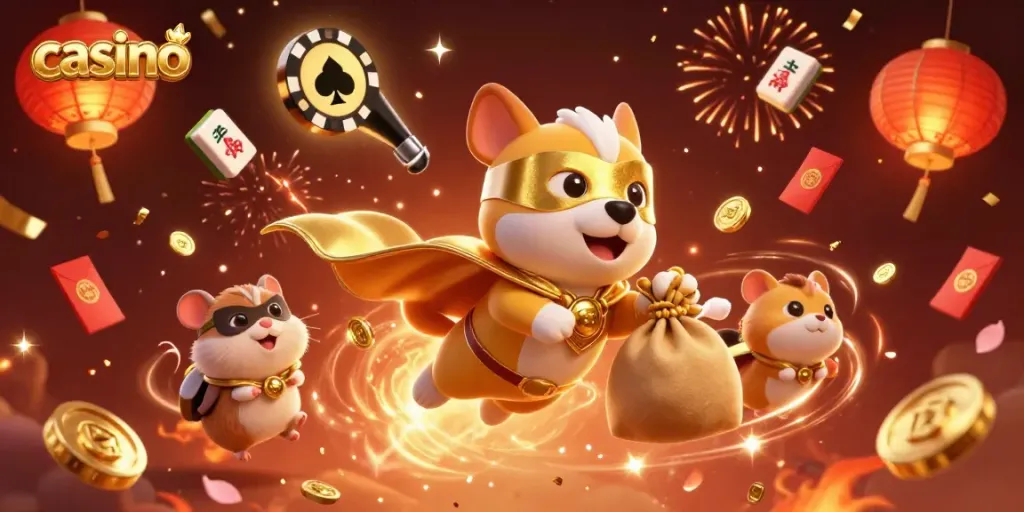 Engaging 3D cartoon casino scene featuring a superhero dog carrying gold coins and festive elements.