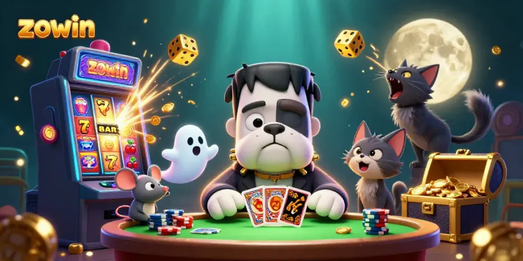Join the thrilling gaming adventure at Zowin with the lively casino scene featuring unique characters.