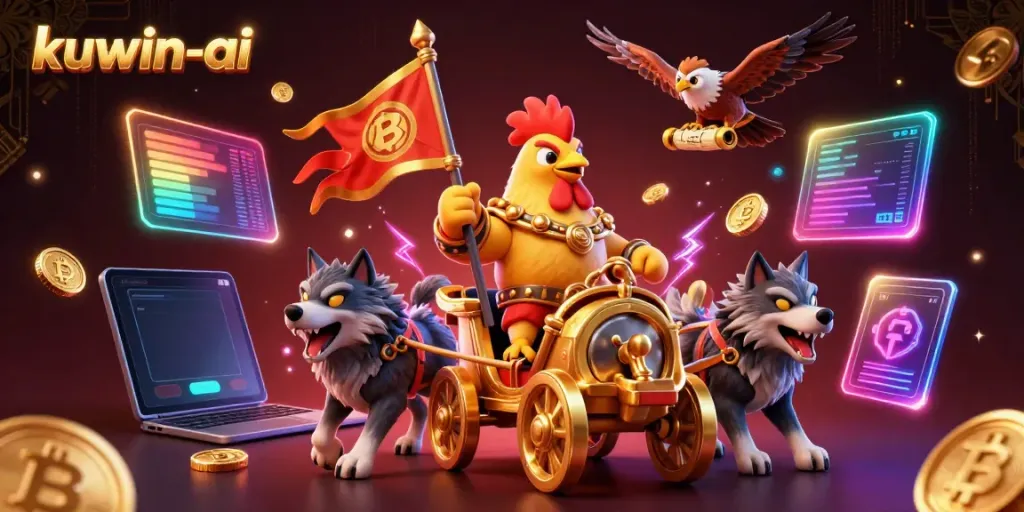 Kuwin-ai showcases a dynamic 3D scene featuring a rooster warlord in a golden chariot with crypto elements, embodying vibrant casino action.