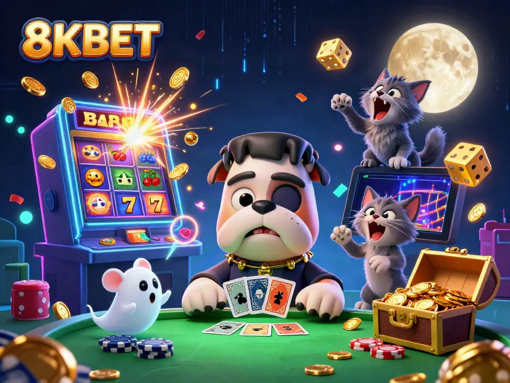 Experience the vibrant action of 8KBET as a cartoon bulldog deals cards with a spooky backdrop and thrilling casino elements.