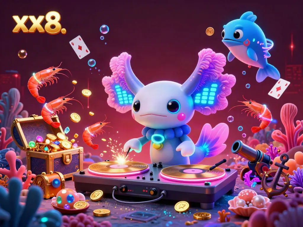 Engage with the xx8 casino experience featuring vibrant undersea DJ and dancing shrimp among treasure and playing cards.