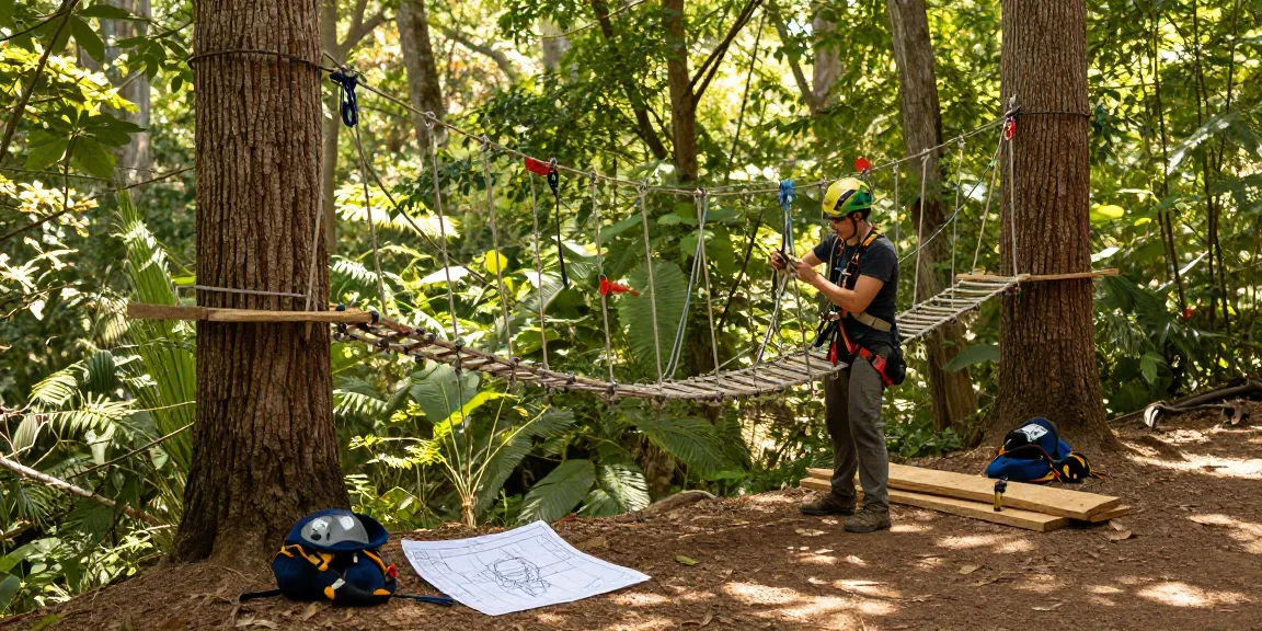 Rope Bridge design in progress, showcasing a craftsperson constructing between trees in a vibrant forest.