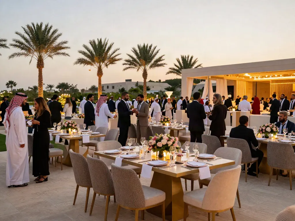Event furniture rental showcased at a luxurious outdoor event in Saudi Arabia with elegant tables, chairs, and decor.