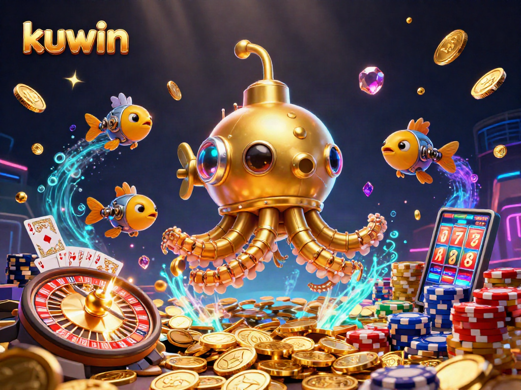 kuwin engages players with vibrant casino illustrations featuring a golden kraken submarine.