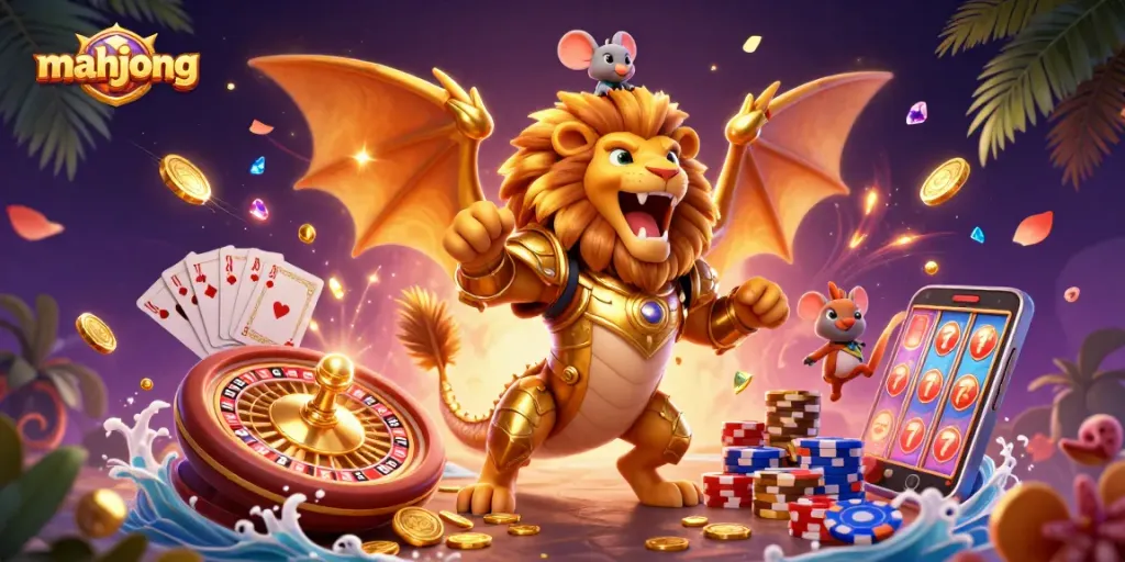 Experience mahjong excitement with dynamic gameplay and vibrant casino elements in this rich 3D scene.