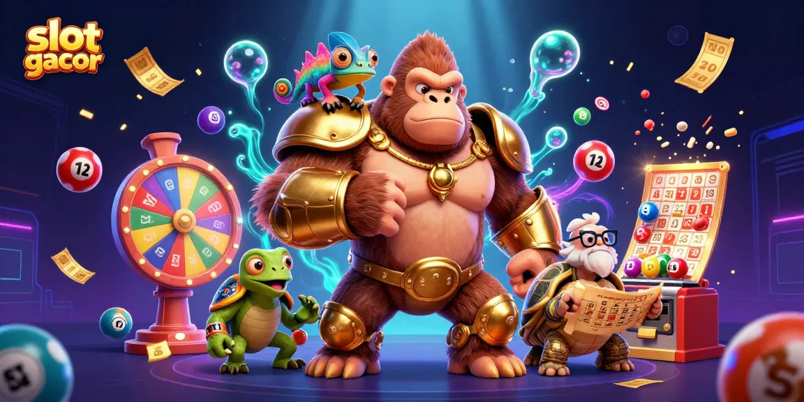 Engage in exciting slot gacor adventures with a vibrant 3D casino illustration featuring dynamic characters and game elements.
