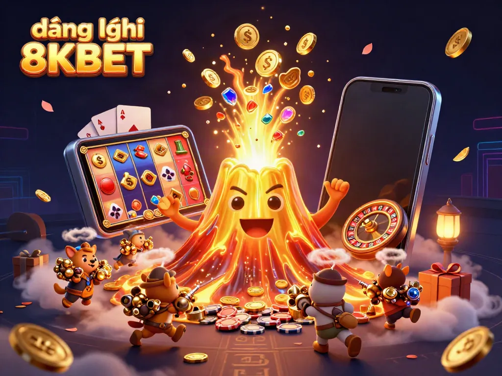 Engage with the magical world of đăng ký 8KBET featuring golden volcanoes, treasure, and dynamic gaming elements.