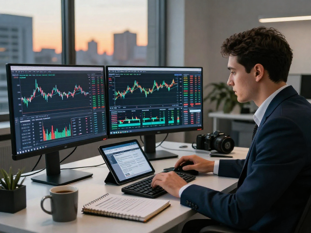 Professional trader analyzing data on TradingView charts in a modern office.
